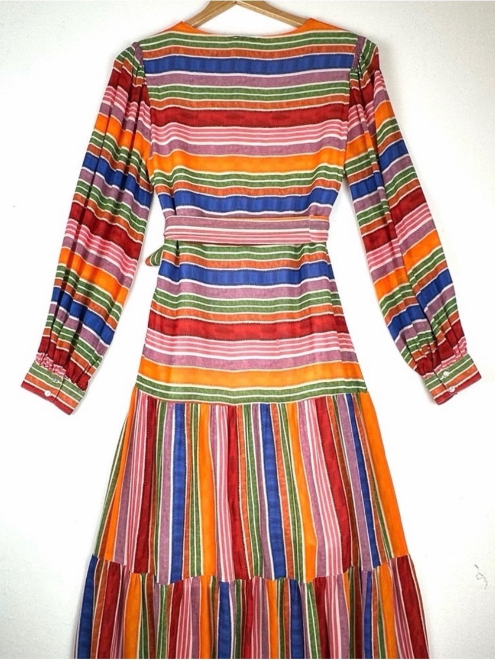 FARM Rio Luana Rainbow Multicolor Striped V-Neck Midi Dress - Red, Green, Blue - Picture 5 of 9